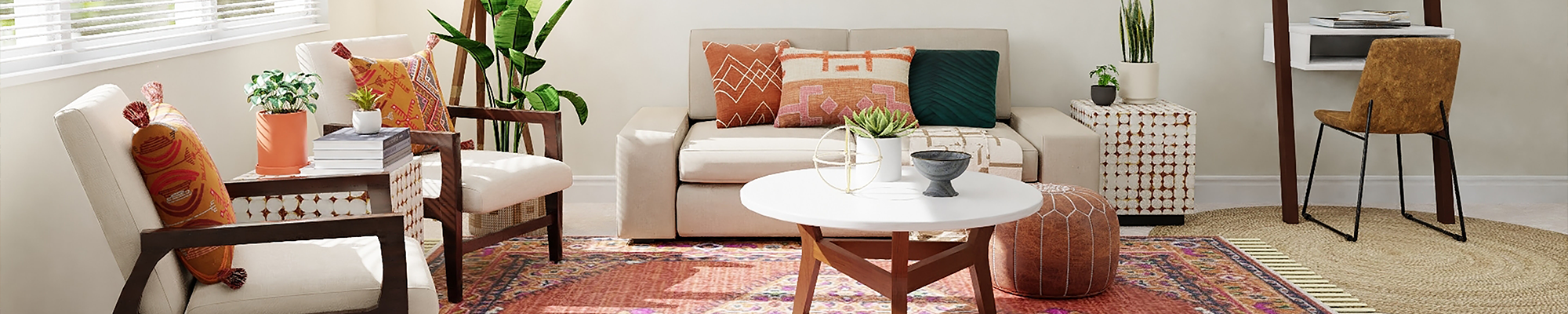 modern living room with beige and white furniture and a colourful rug